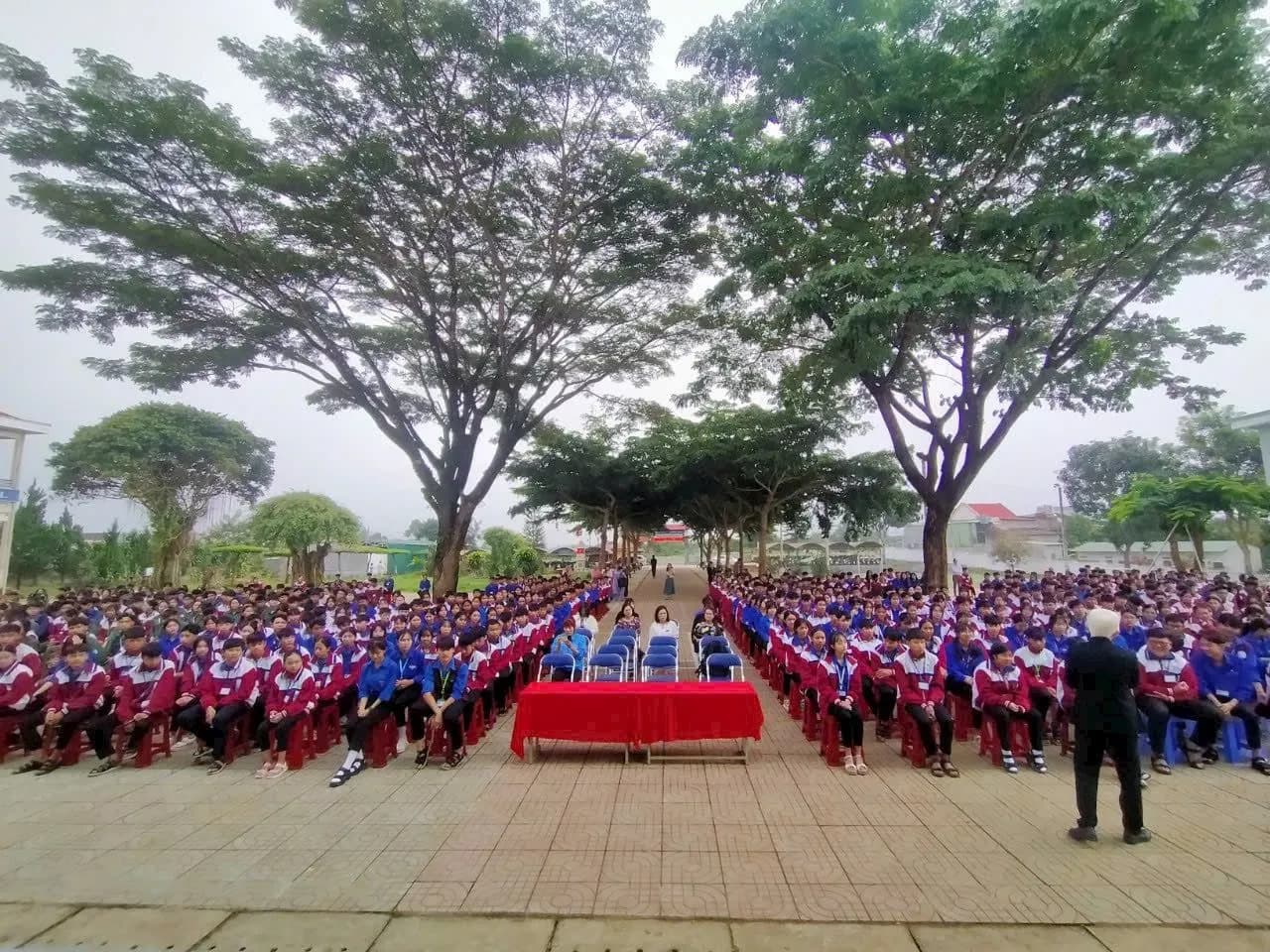 Hàng trăm học sinh ngồi kín sân trường dưới hai tán cây lớn
