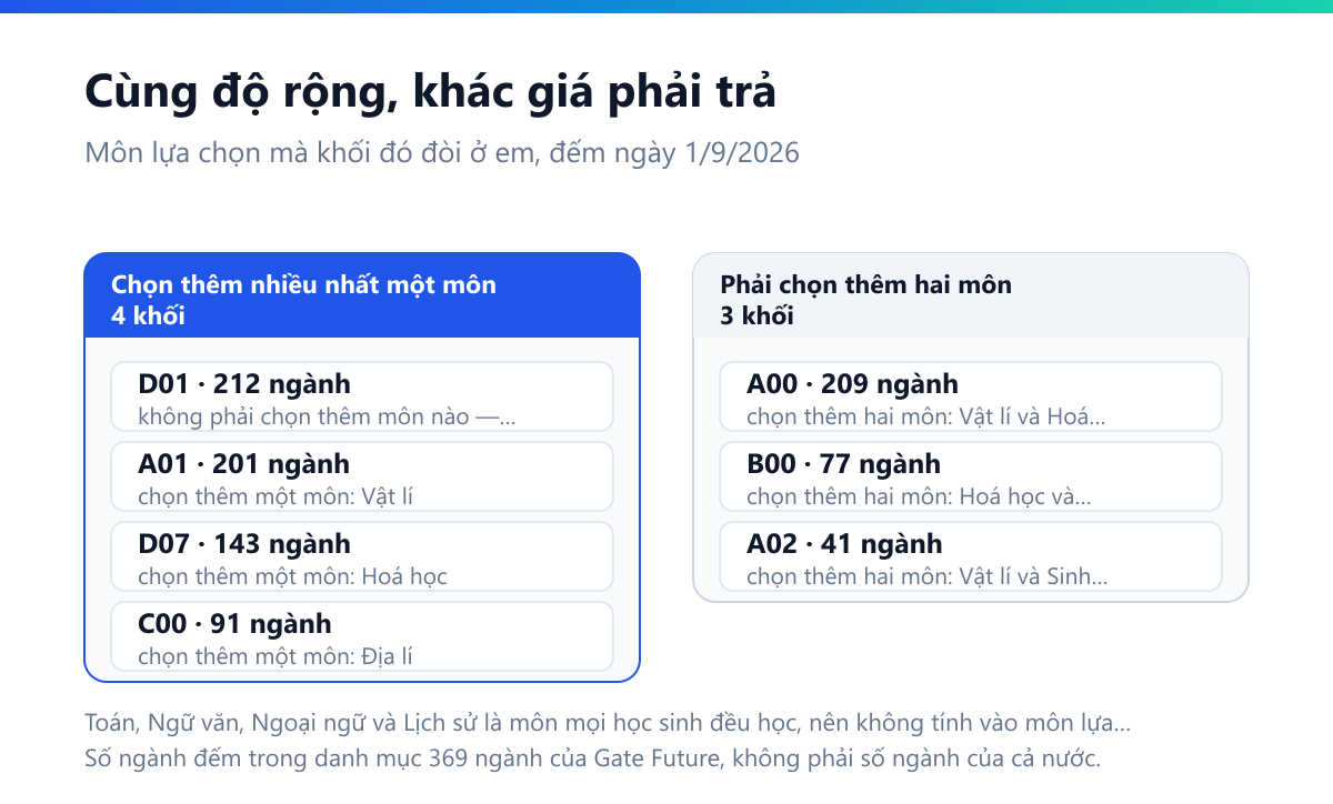 Sơ đồ hai cột: khối không đòi chọn thêm môn nào hoặc chỉ một môn gồm D01 212 ngành không đòi môn nào, A01 201 ngành đòi Vật lí, D07 143 ngành đòi Hoá học, C00 91 ngành đòi Địa lí; khối đòi hai môn gồm A00 209 ngành, B00 77 ngành, A02 41 ngành