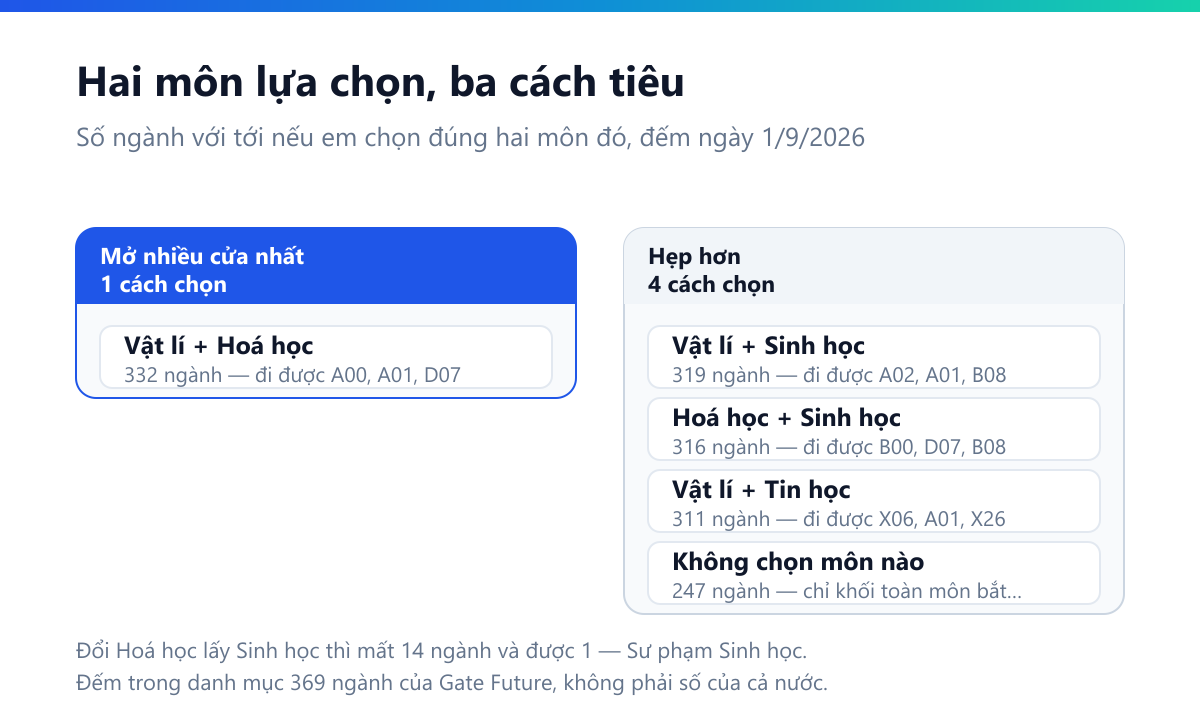 Sơ đồ hai cột: chọn Vật lí và Hoá học thì với tới 332 ngành; chọn Vật lí và Sinh học 319 ngành; Hoá học và Sinh học 316; Vật lí và Tin học 311; không chọn môn nào trong ba thì 247