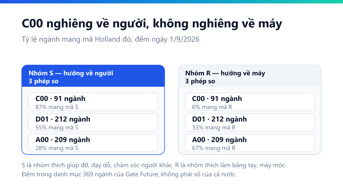 Sơ đồ hai cột: nhóm S hướng về người — C00 87% ngành mang mã S, D01 55%, A00 28%; nhóm R hướng về máy — C00 chỉ 6%, D01 33%, A00 67%