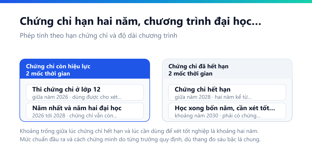 Bảng so ba mốc thời gian: thi chứng chỉ ngoại ngữ ở lớp 12 vào giữa năm 2026, chứng chỉ hết hạn giữa năm 2028, còn thời điểm học xong đại học bốn năm là khoảng năm 2030 — tức chứng chỉ hết hạn khoảng hai năm trước khi cần dùng để xét tốt nghiệp