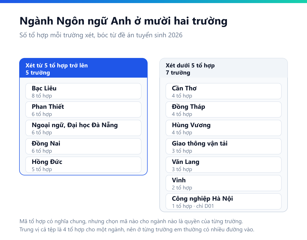 Bảng mười hai trường cùng đào tạo ngành Ngôn ngữ Anh và số tổ hợp mỗi trường xét: Bạc Liêu 8 tổ hợp, Phan Thiết 6, Ngoại ngữ Đại học Đà Nẵng 6, Đồng Nai 6, Hồng Đức 5, Cần Thơ 4, Đồng Tháp 4, Hùng Vương 4, Giao thông vận tải 3, Văn Lang 3, Vinh 2, còn Công nghiệp Hà Nội chỉ 1 tổ hợp là D01