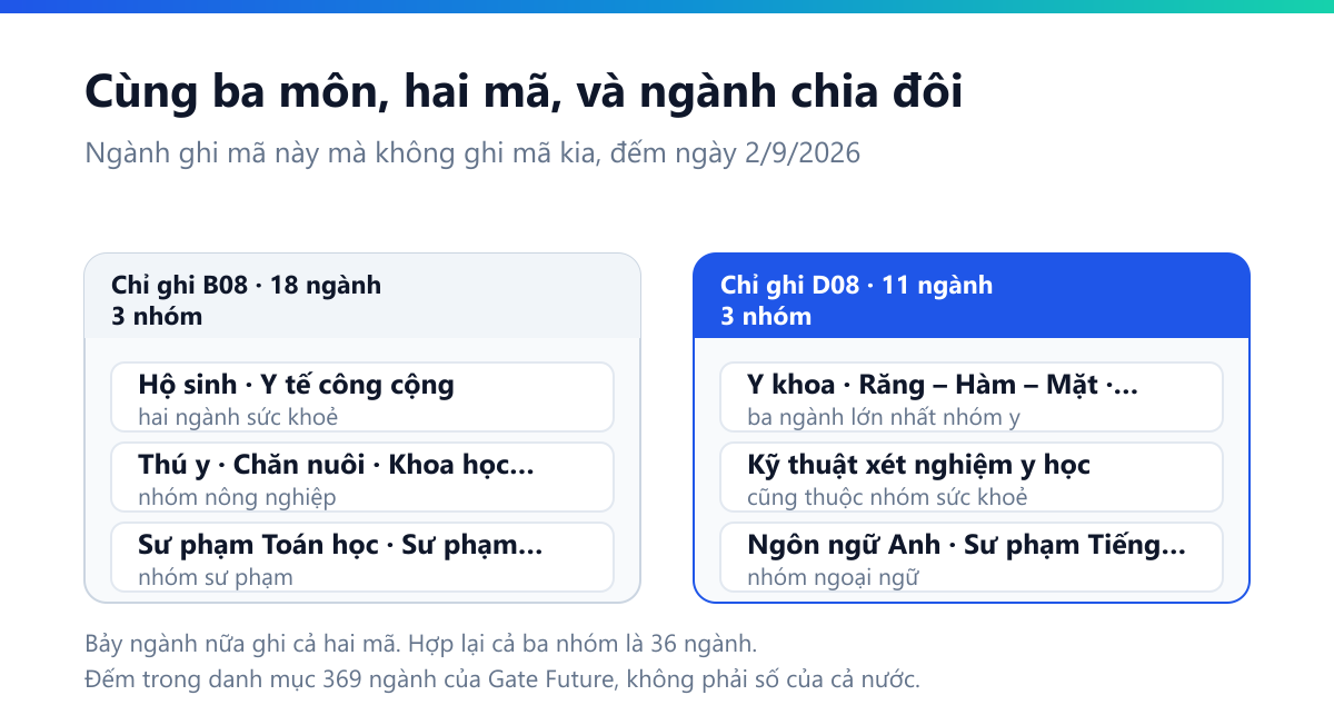 Sơ đồ hai cột: ngành chỉ ghi B08 gồm Hộ sinh, Y tế công cộng, Thú y, Chăn nuôi, Khoa học cây trồng, Sư phạm Toán học, Sư phạm Tin học — tổng 18 ngành; ngành chỉ ghi D08 gồm Y khoa, Răng Hàm Mặt, Điều dưỡng, Kỹ thuật xét nghiệm y học, Ngôn ngữ Anh, Sư phạm Tiếng Anh — tổng 11 ngành