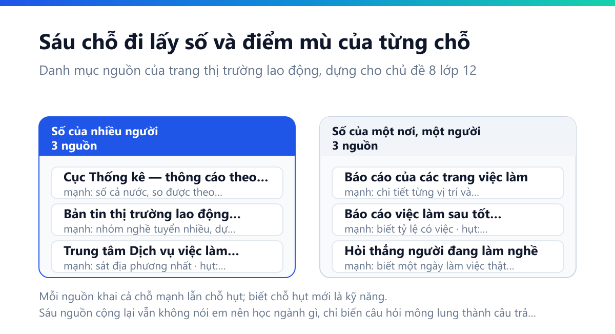 Bảng sáu chỗ đi lấy số về nghề nghiệp cùng chỗ mạnh và chỗ hụt của từng chỗ: Cục Thống kê mạnh về số cả nước nhưng không biết tỉnh em; trung tâm dịch vụ việc làm sát địa phương nhưng chỉ đếm việc qua trung tâm; bản tin Bộ Nội vụ có dự báo quý sau nhưng ra chậm; trang việc làm chi tiết từng vị trí nhưng chỉ là số của một trang; báo cáo của trường cho biết tỷ lệ có việc nhưng trường tự khảo sát; hỏi người đang làm nghề biết chuyện thật nhưng chỉ là trải nghiệm một người