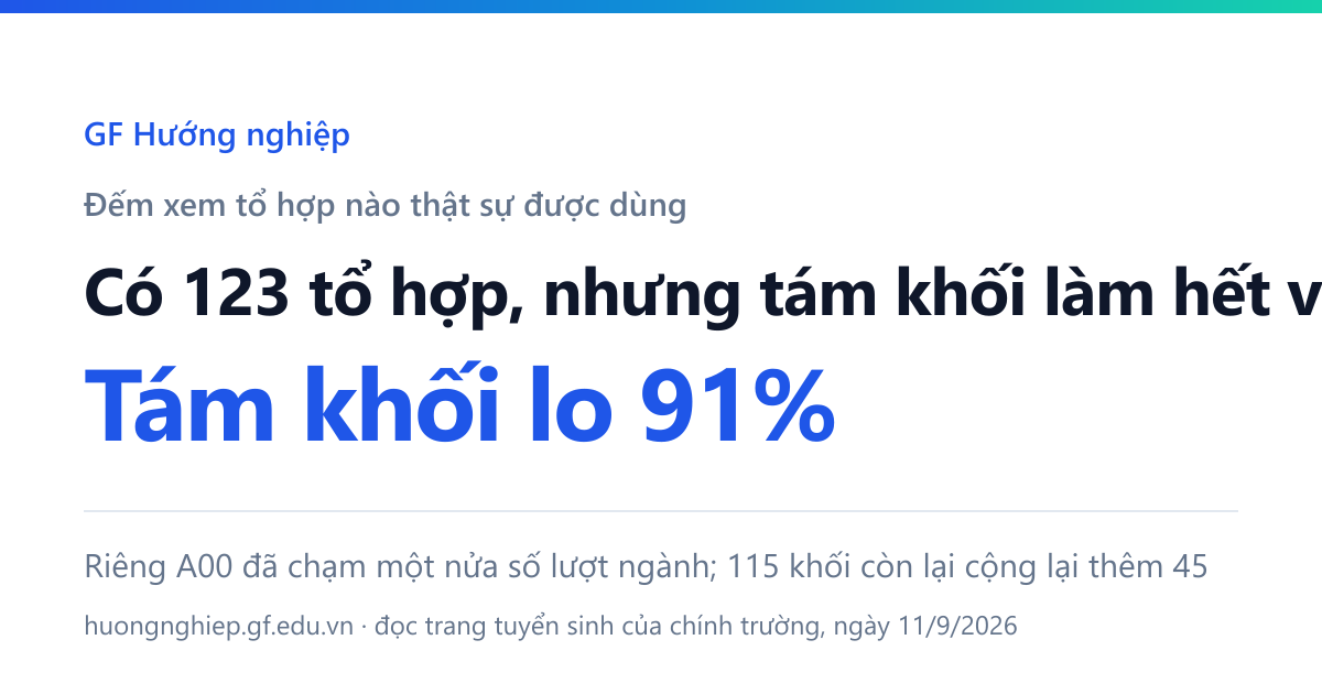 Có 123 tổ hợp trong tệp đề án của mười tám trường, nhưng tám khối đầu đã lo 91% số lượt ngành, riêng A00 chạm một nửa.