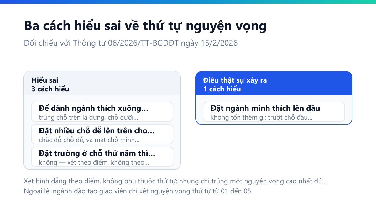 Bảng ba cách hiểu sai về thứ tự nguyện vọng và điều thật sự xảy ra: đặt ngành thích xuống dưới để giữ chỗ thì trúng chỗ trên là dừng, chỗ dưới không xét nữa; đặt nhiều chỗ dễ lên trên thì chắc đỗ chỗ dễ và mất chỗ mình muốn dù đủ điểm; còn đặt chỗ mình thích lên đầu thì không rủi ro thêm vì trượt chỗ đầu vẫn được xét tiếp chỗ sau