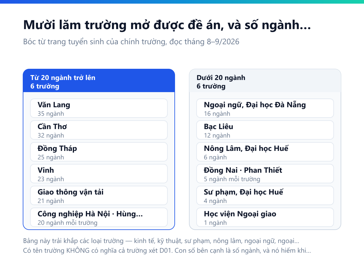 Bảng mười lăm trường mở được đề án và số ngành xét D01: nhóm từ 20 ngành trở lên gồm Văn Lang 35, Cần Thơ 32, Đồng Tháp 25, Vinh 23, Giao thông vận tải 21, Công nghiệp Hà Nội và Hùng Vương mỗi trường 20; nhóm dưới 20 ngành gồm Ngoại ngữ Đại học Đà Nẵng 16, Bạc Liêu 12, Nông Lâm Đại học Huế 6, Đồng Nai và Phan Thiết mỗi trường 5, Học viện Ngoại giao 1