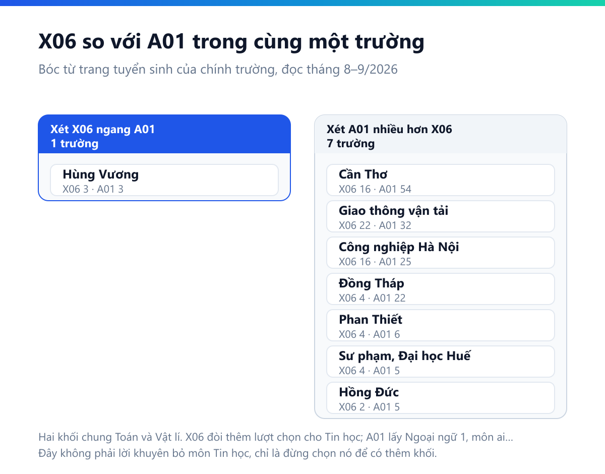 Bảng đối chiếu số ngành xét X06 và A01 trong cùng một trường: không trường nào xét X06 nhiều hơn A01; Hùng Vương bằng nhau 3 với 3, còn lại đều nghiêng A01 gồm Cần Thơ 16 so với 54, Giao thông vận tải 22 so với 32, Công nghiệp Hà Nội 16 so với 25, Đồng Tháp 4 so với 22, Phan Thiết 4 so với 6, Sư phạm Đại học Huế 4 so với 5, Hồng Đức 2 so với 5