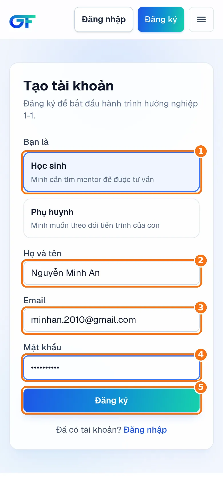 Màn hình Tạo tài khoản đã điền tên, email, mật khẩu