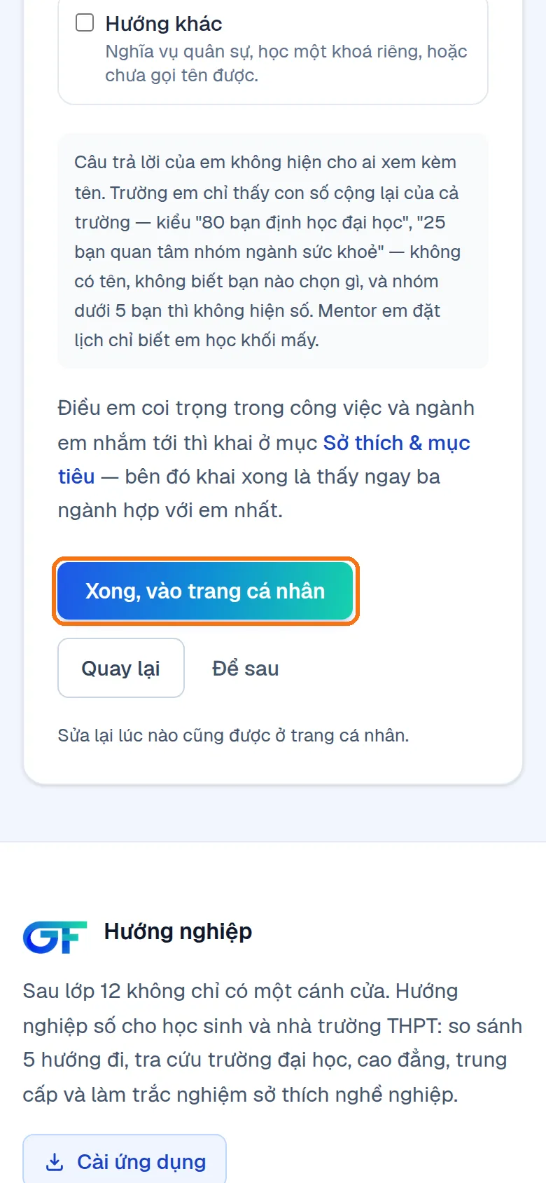 Phần dưới của màn với nút Xong, vào trang cá nhân
