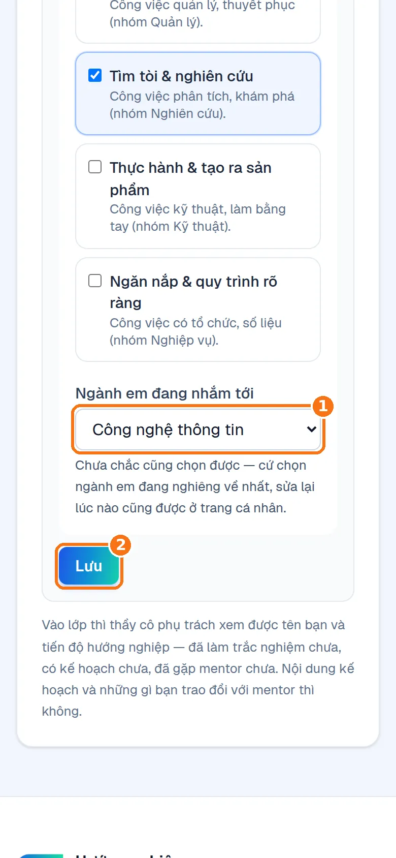 Ô Ngành em đang nhắm tới đã chọn và nút Lưu