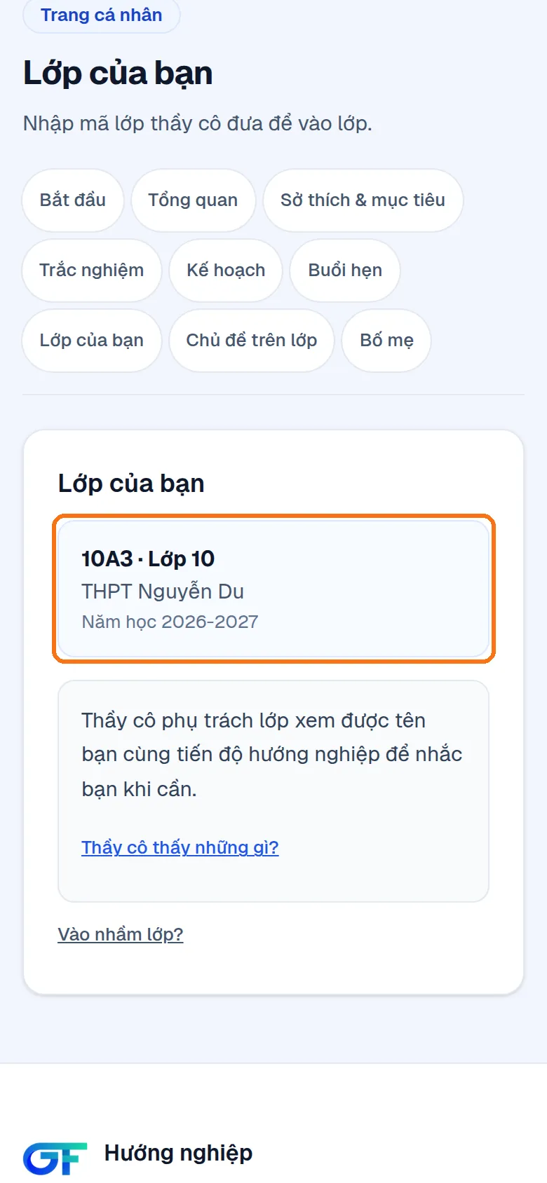 Màn hình Lớp của bạn sau khi đã vào lớp 10A3